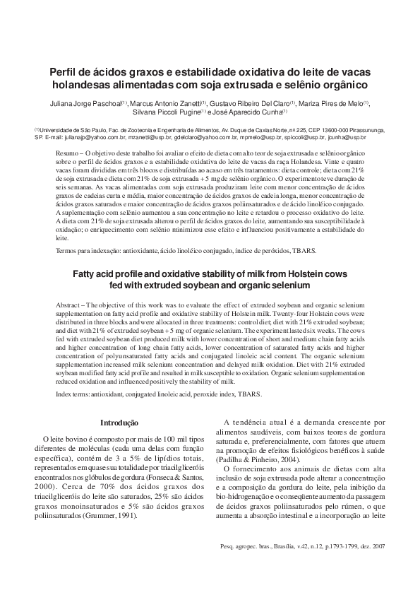 (PDF) Fatty acid profile and oxidative stability of milk from Holstein ...