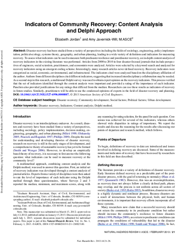 (PDF) Indicators of Community Recovery: Content Analysis and Delphi ...
