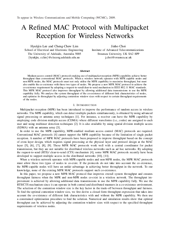 (PDF) A refined MAC protocol with multipacket reception for wireless ...