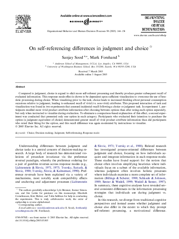 (PDF) On self-referencing differences in judgment and choice