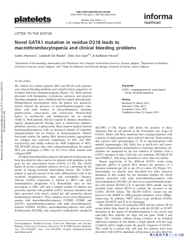 (PDF) Novel GATA1 mutation in residue D218 leads to ...