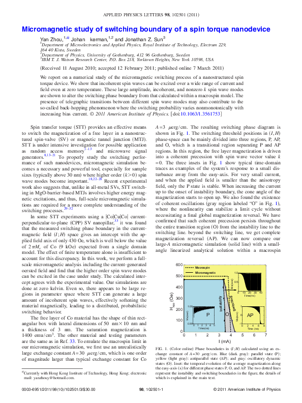 (PDF) Micromagnetic study of switching boundary of a spin torque nanodevice