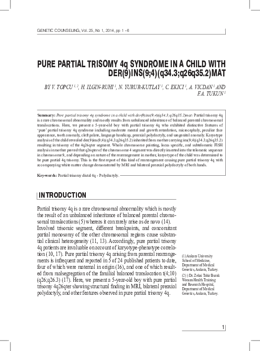 (PDF) Pure partial trisomy 4q syndrome in a child with der(9)ins(9;4 ...
