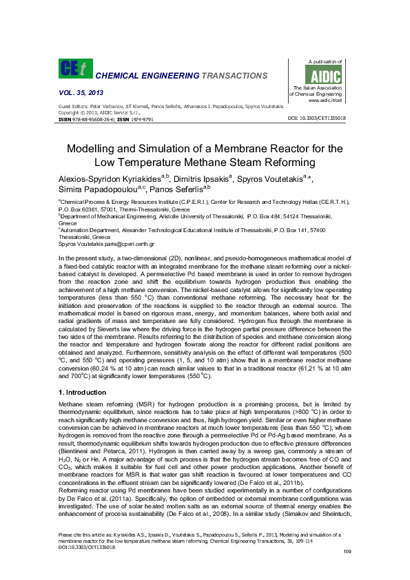 (PDF) Modelling and Simulation of a Membrane Reactor for the Low ...
