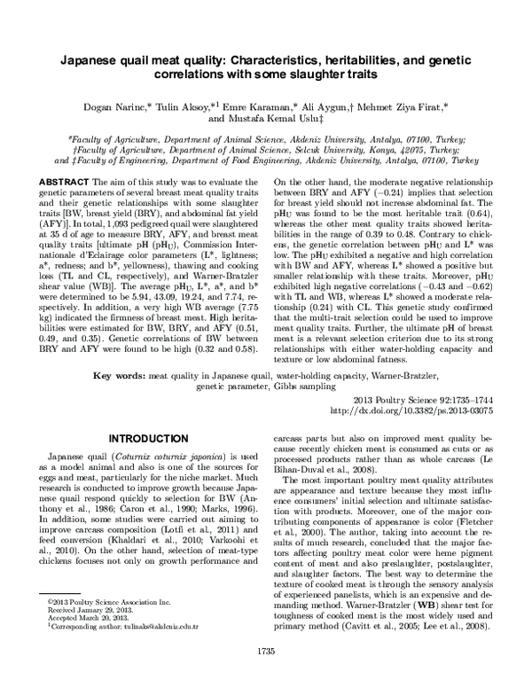 (PDF) Japanese quail meat quality Characteristics, heritabilities, and
