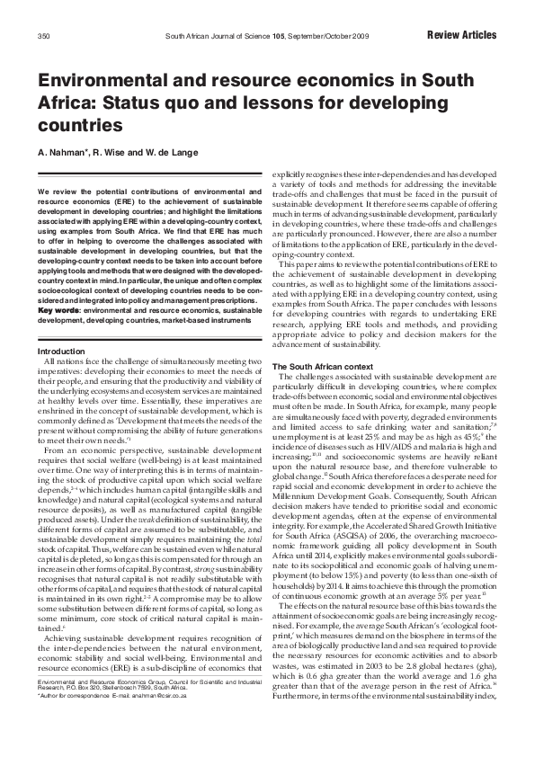 (PDF) Environmental and resource economics in South Africa Status quo
