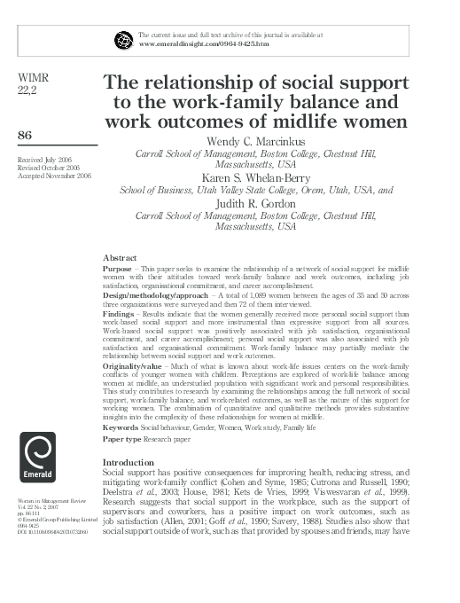 (PDF) The relationship of social support to the work-family balance and ...