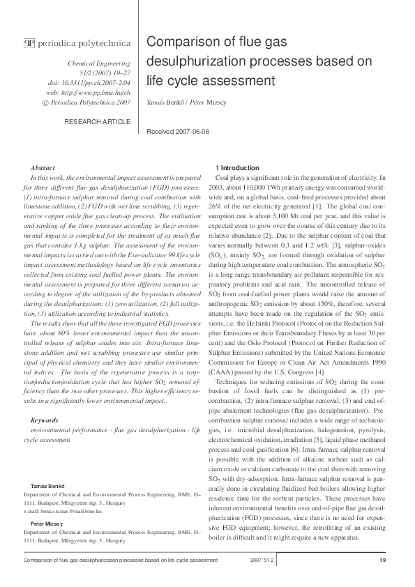 (PDF) Comparison of flue gas desulphurization processes based on life ...