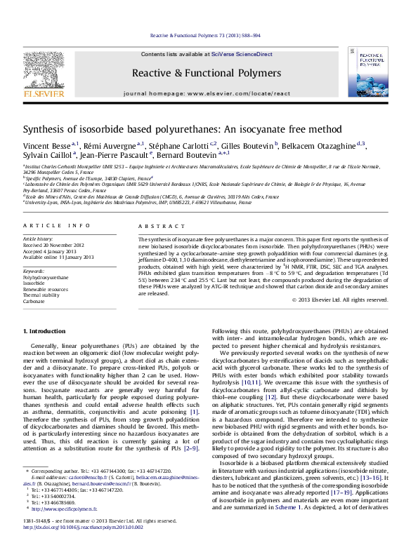 (PDF) Synthesis of isosorbide based polyurethanes: An isocyanate free ...