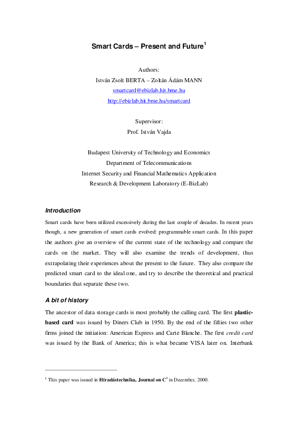(PDF) Smart Cards - Present and Future1