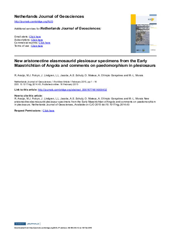 Pdf New Aristonectine Elasmosaurid Plesiosaur Specimens From The Early Maastrichtian Of Angola And Comments On Paedomorphism In Plesiosaurs Octavio Mateus Academia Edu