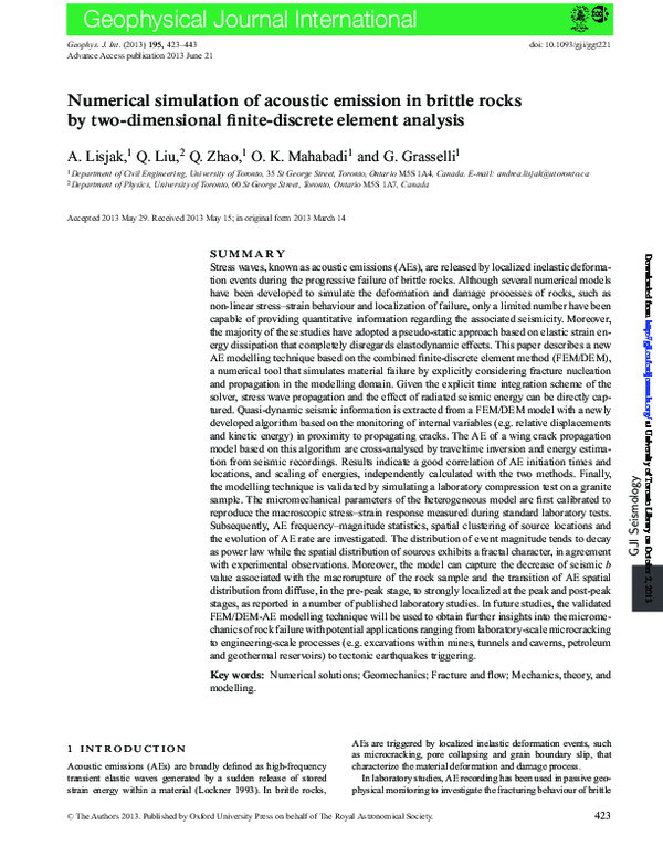  pdf numerical simulation of acoustic emission in brittle rocks by two