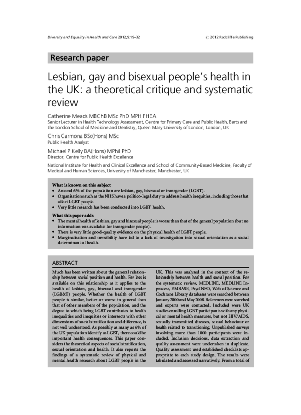 (PDF) Lesbian, gay and bisexual people’s health in the UK : A ...