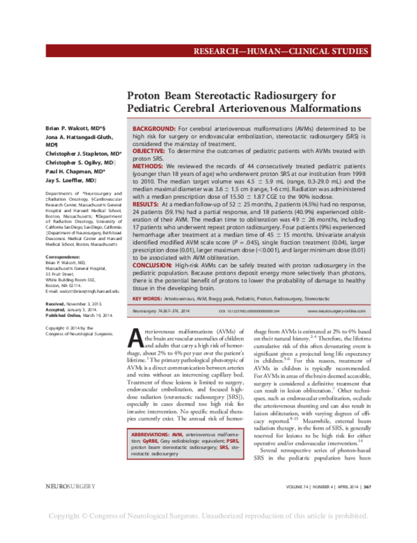 (PDF) Proton Beam Stereotactic Radiosurgery for Pediatric Cerebral Arteriovenous Malformations