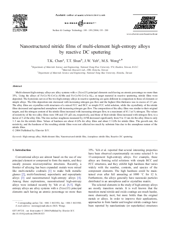 (PDF) Nanostructured nitride films of multi-element high-entropy alloys ...