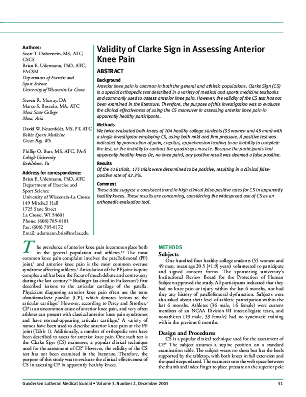(PDF) Validity of Clarke Sign in Assessing Anterior Knee Pain