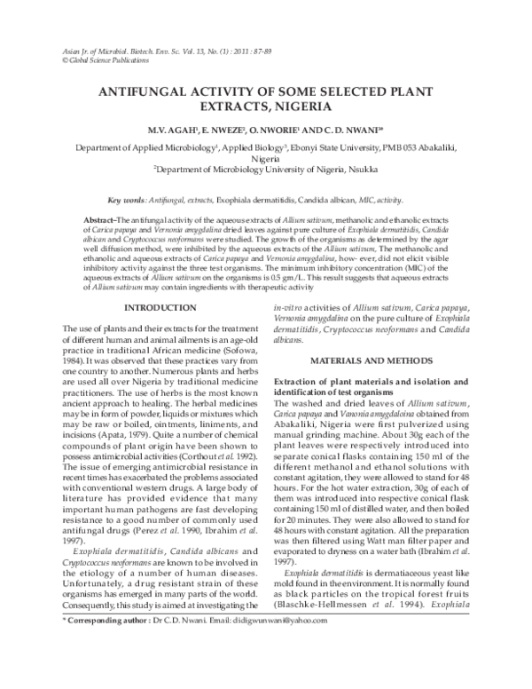 (PDF) ANTIFUNGAL ACTIVITY OF SOME SELECTED PLANT EXTRACTS, NIGERIA ...