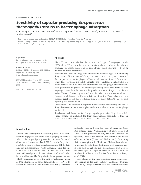 (PDF) Sensitivity of capsular-producing Streptococcus thermophilus ...