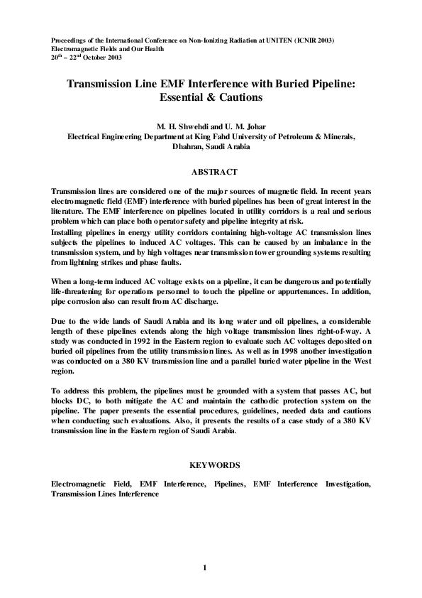 (PDF) Transmission Line EMF Interference with Buried Pipeline