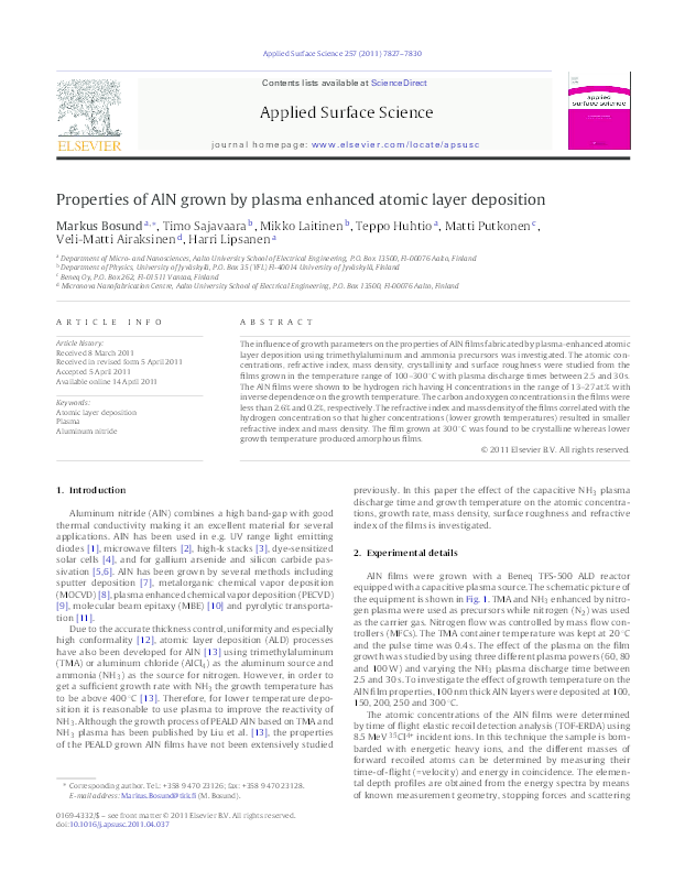(PDF) Properties of AlN grown by plasma enhanced atomic layer deposition