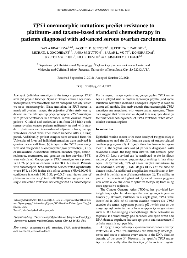 (PDF) TP53 oncomorphic mutations predict resistance to platinum‑ï¿½and ...