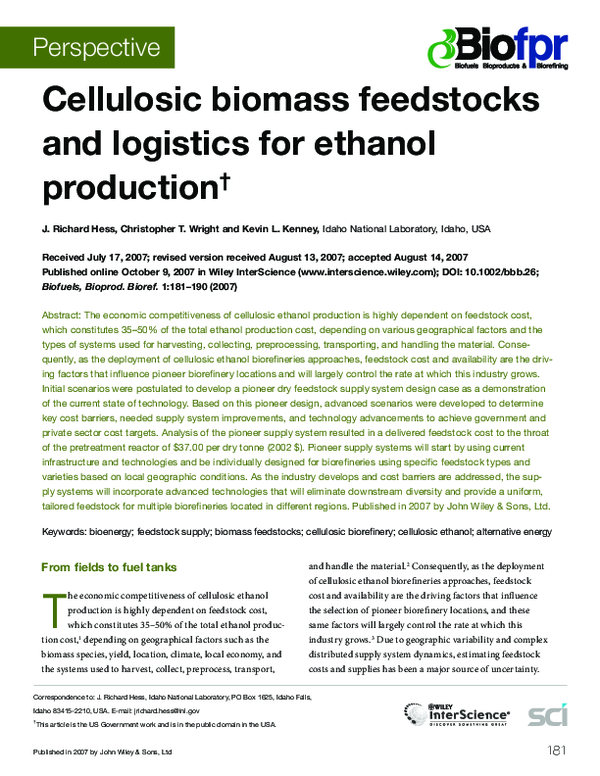 (PDF) Cellulosic biomass feedstocks and logistics for ethanol production