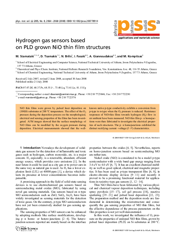(PDF) Hydrogen gas sensors based on PLD grown NiO thin film structures