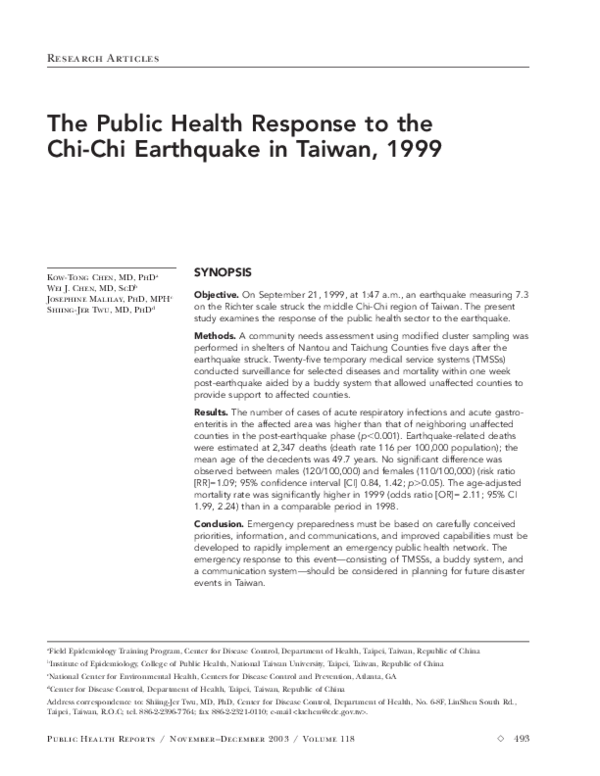 (PDF) The public health response to the Chi-Chi earthquake in Taiwan, 1999