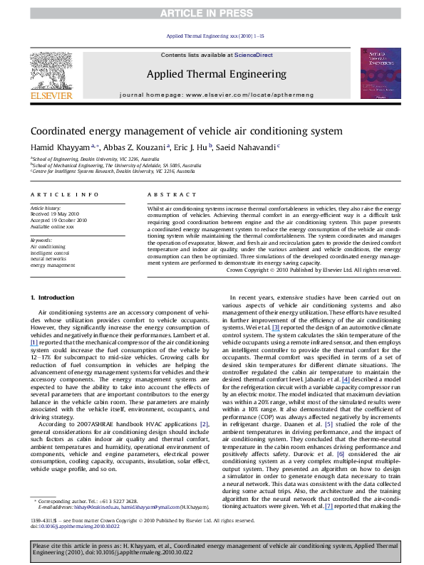 (PDF) Coordinated energy management of vehicle air conditioning system