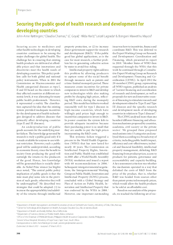 (PDF) Securing the public good of health research and development for ...