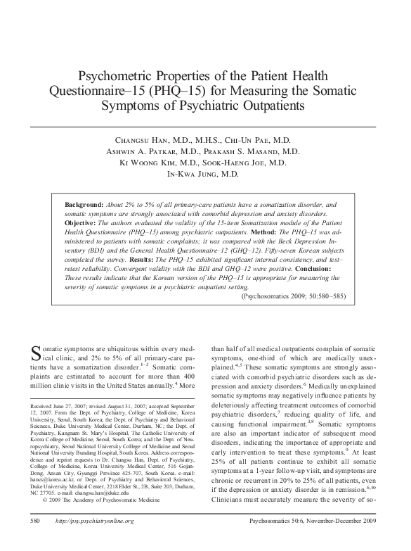 (PDF) Psychometric properties of the Patient Health Questionnaire-15 ...