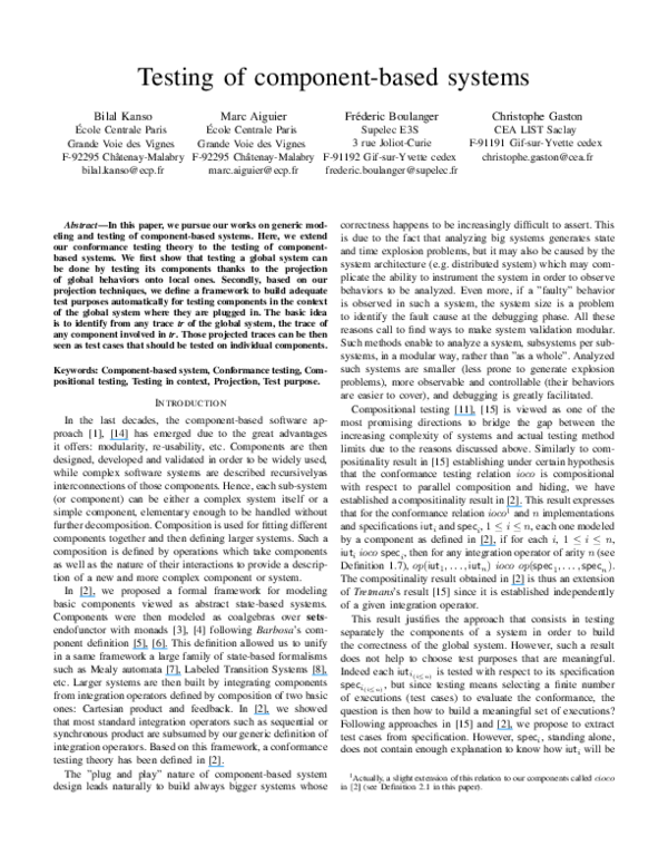 (PDF) Testing of ComponentBased Systems Christophe Gaston and Marc