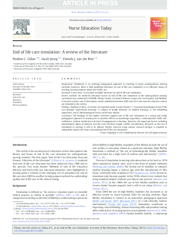 (PDF) End of life care simulation: A review of the literature