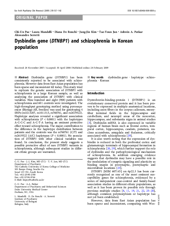 (PDF) Dysbindin gene (DTNBP1) and schizophrenia in Korean population