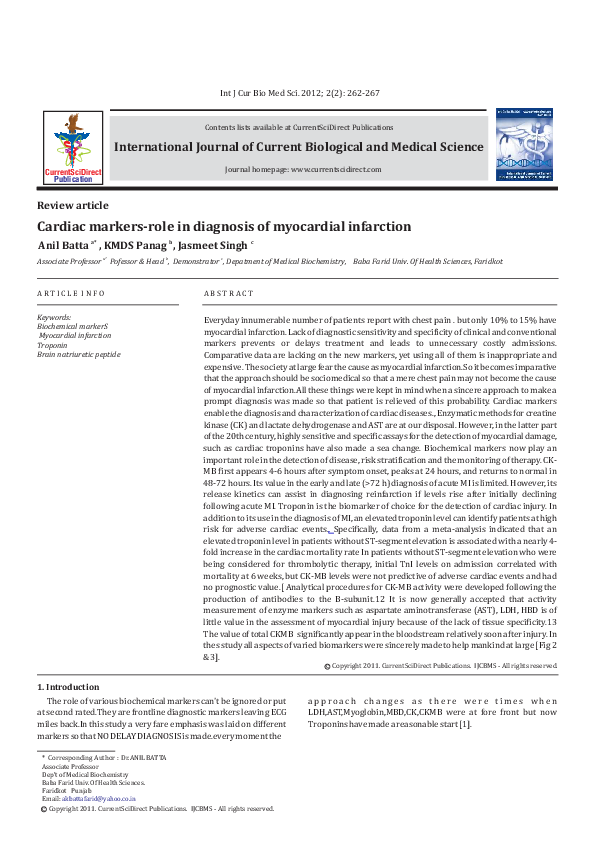 (PDF) Cardiac markers-role in diagnosis of myocardial infarction