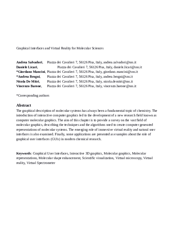 (PDF) Graphical Interfaces and Virtual Reality for Molecular Sciences