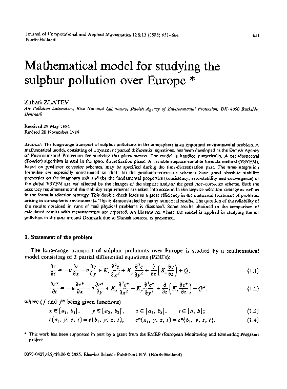 (PDF) Mathematical model for studying the sulphur pollution over Europe