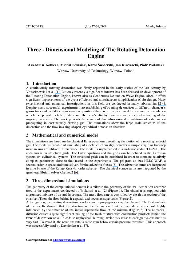 (PDF) Three-dimensional modeling of the Rotating Detonation Engine