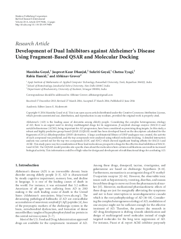 (PDF) Development of Dual Inhibitors against Alzheimer’s Disease Using ...