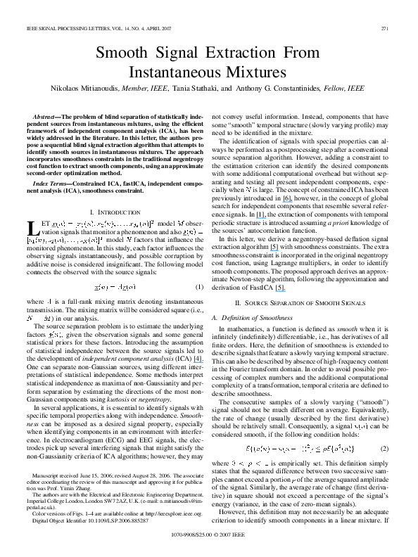 (PDF) Smooth Signal Extraction From Instantaneous Mixtures