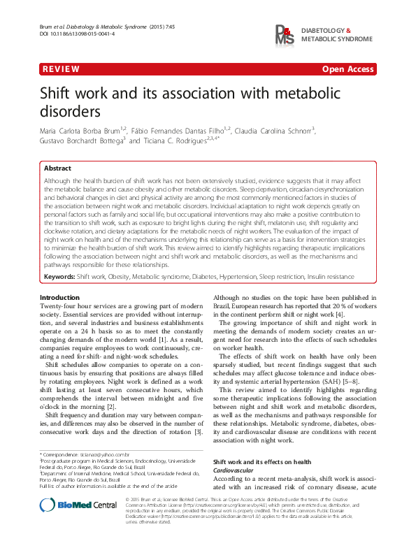 (PDF) Shift work and its association with metabolic disorders
