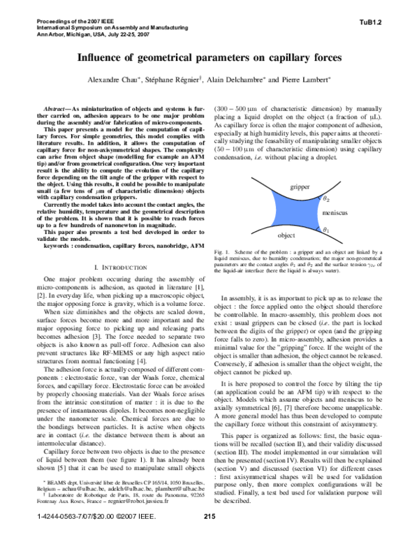 (PDF) Influence of geometrical parameters on capillary forces