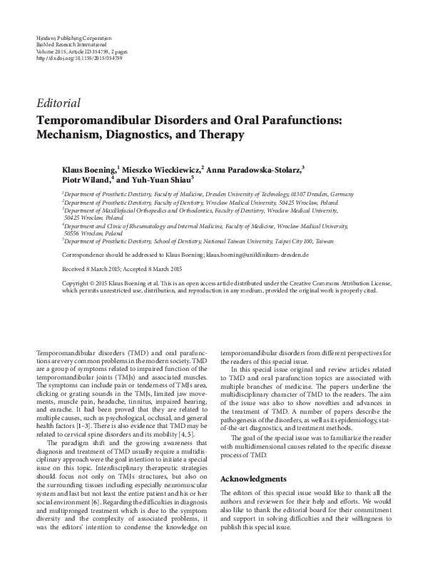 (PDF) Temporomandibular Disorders and Oral Parafunctions: Mechanism ...
