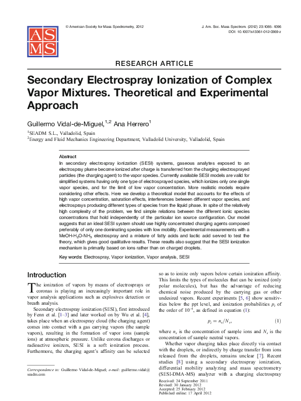 (PDF) Secondary Electrospray Ionization of Complex Vapor Mixtures ...