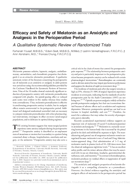 (PDF) Efficacy and Safety of Melatonin as an Anxiolytic and Analgesic ...