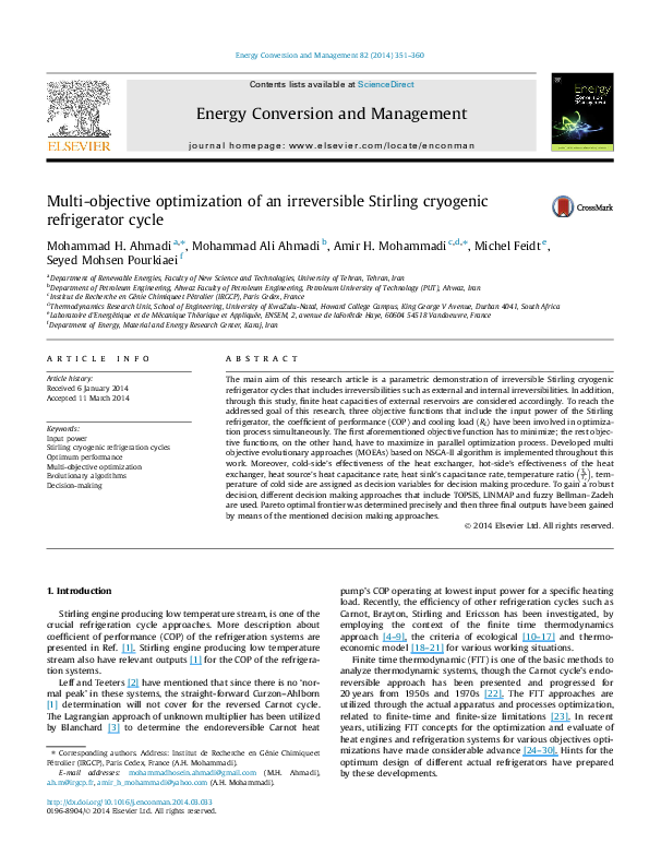 (PDF) Multi-objective optimization of an irreversible Stirling ...