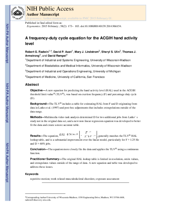  pdf a frequency duty cycle equation for the acgih hand activity level