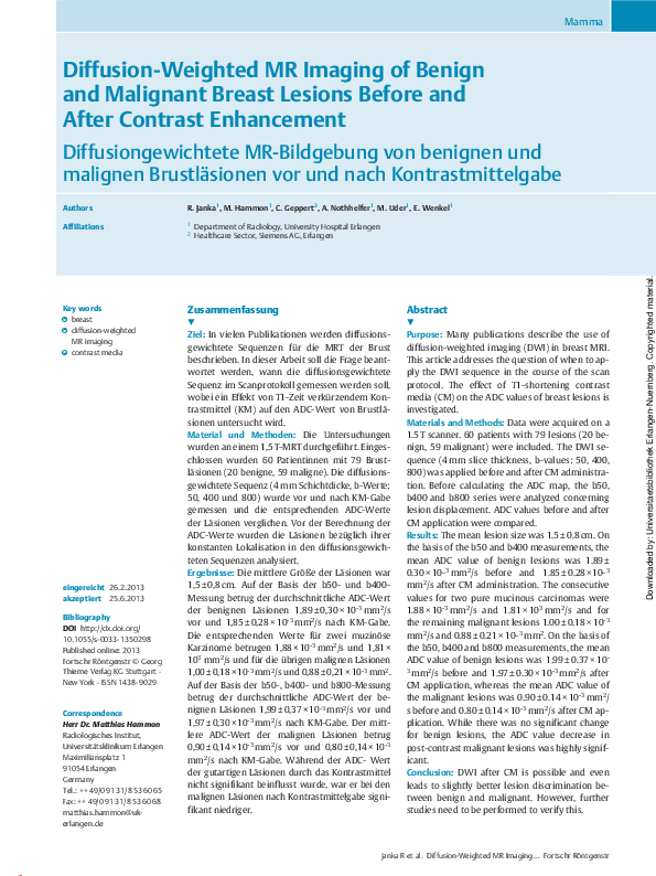 (PDF) Diffusion-Weighted MR Imaging of Benign and Malignant Breast ...