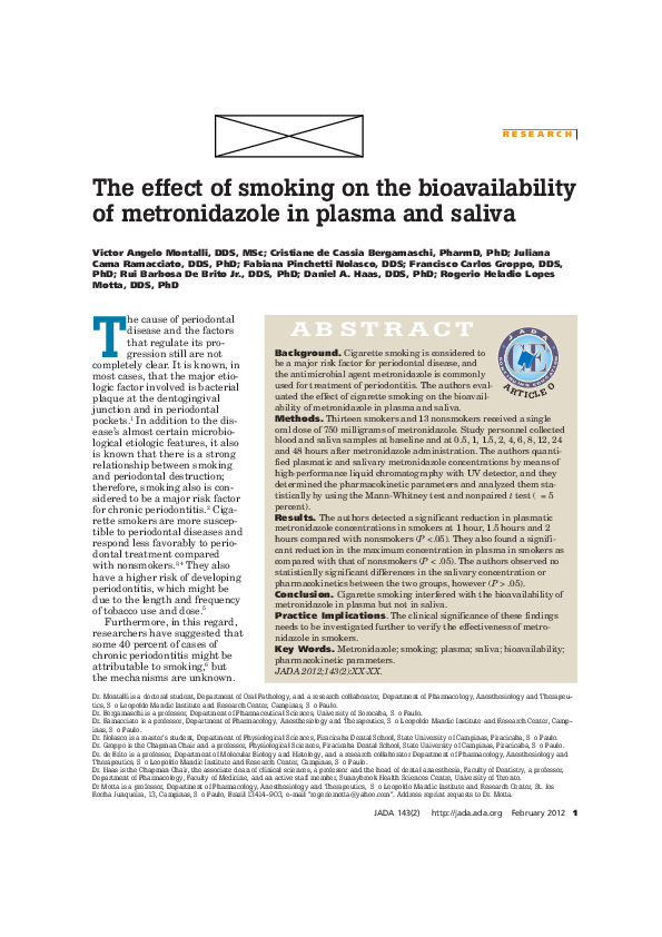 PDF) The effect of smoking on the bioavailability of metronidazole in  plasma and saliva