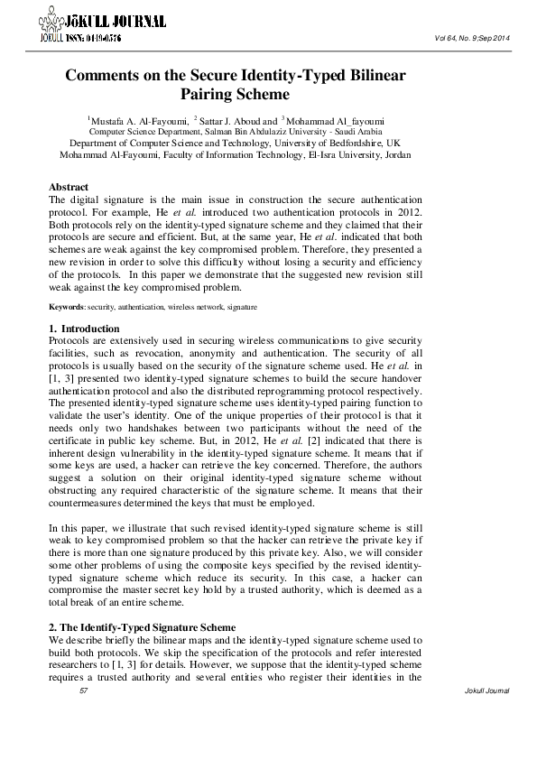 (PDF) Comments on the Secure Identity-Typed Bilinear Pairing Scheme